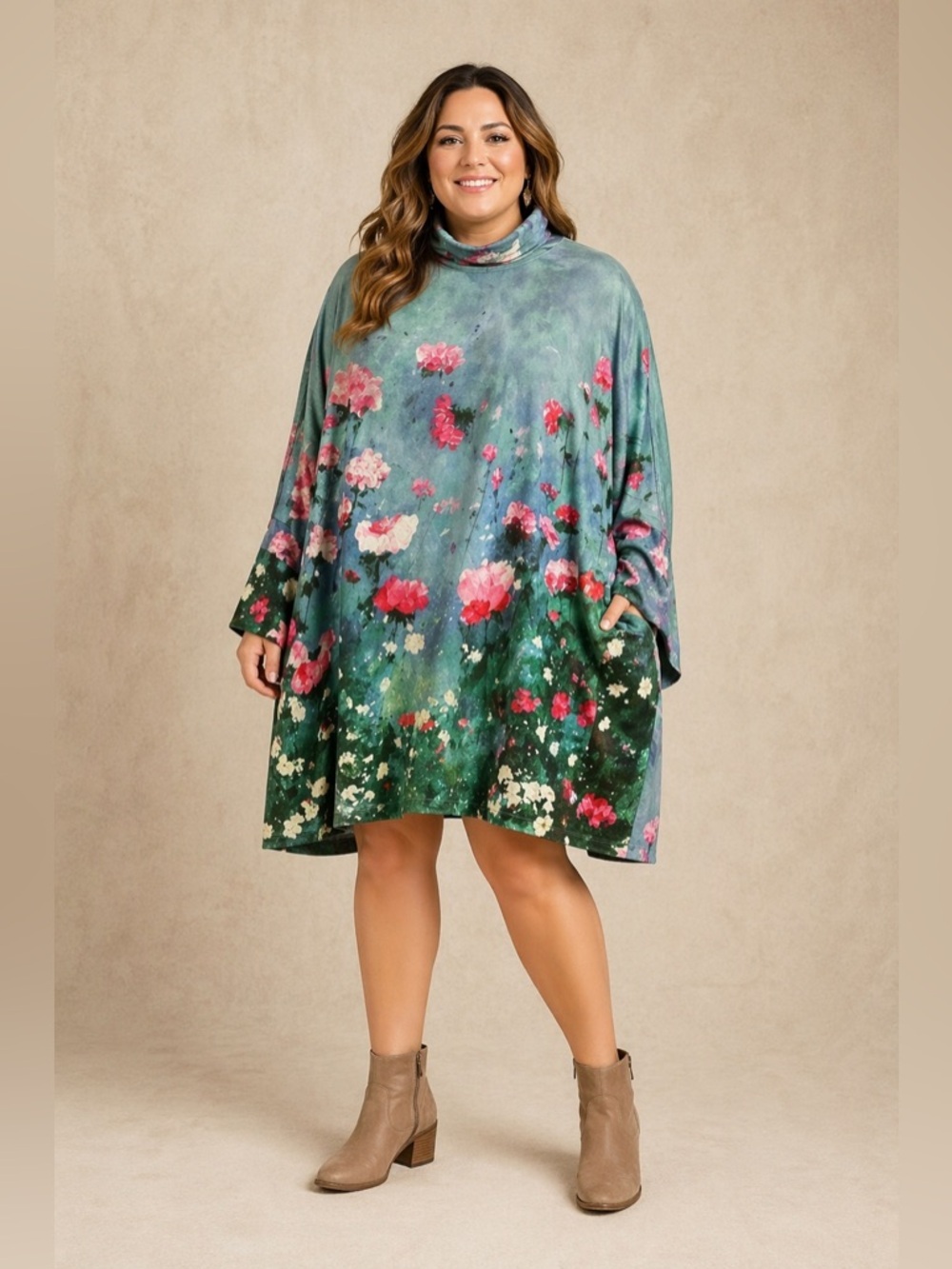 Misslook Floral Scene Turtleneck Dress Blue Green Pink Oversized 2X Cottagecore
